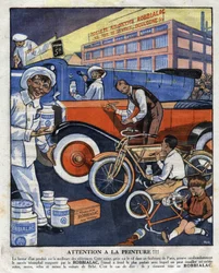 Werbeillustration für Robbialac-Farben, geeignet für alle Anwendungen (Auto, Motorrad, Fahrrad). Illustration aus „Le petit journal“ 22.02.1925. Private Sammlung