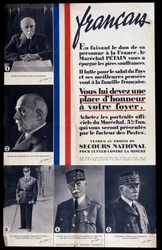 Werbeplakat für den Verkauf von Porträts von Marschall Philippe Petain während des Zweiten Weltkriegs und Lobpreisung Petains (verkauft zugunsten der nationalen Hilfe zur Bekämpfung der Armut)