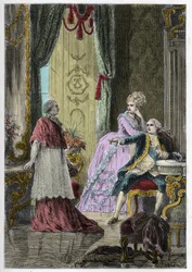 Affäre um die Halskette der Königin (1785-1786): Kardinal Louis René Édouard de Rohan (1734-1803) vor König Ludwig XVI. (1754-1793) und Königin Marie Antoinette (1755-1793)