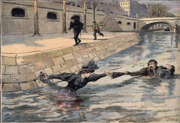 Eine geniale Rettung: in der Nähe der Brücke des Heiligen Vaters wird eine Frau, die in die Seine gestürzt ist, von einem Mann gerettet, der einer anderen Frau geholfen hat. Gravur aus der Zeitung „Le Petite Parisien“, 8/03/1908. Private Sammlung.