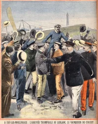 Triumphale Ankunft von Alfred LeBlanc (1869-1921), französischer Pilot, Gewinner des Luftkreises in Issy-Les-Moulineaux. Gravur in Le Petit Parisien am 14.08.1910