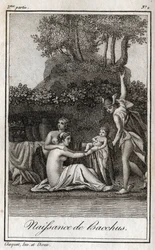 Geburt des Bacchus, Sohn von Jupiter und Semele. Gravur von 1819 in „Lettres à Emilie sur la mythologie“ von Charles Albert Demoustier (1760-1801). Privatsammlung.