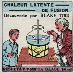 Kalorimetrie: die latente Wärme der Fusion, entdeckt von Joseph Black (1728-1799) in den Jahren 1761-1762. Ergebnis für Eis. Anonyme Illustration von 1925. Private Sammlung.
