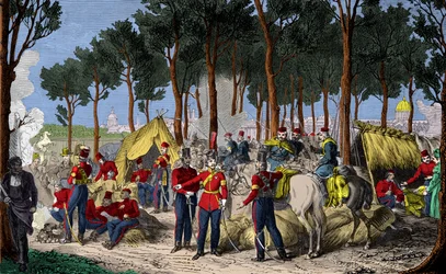 Lager russischer und englischer Truppen auf den Champs Elysées in Paris im Juli 1815 nach der Niederlage Napoleons I., Gravur, Private Sammlung