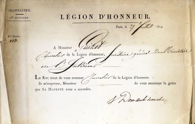 Zertifikat zur Verleihung der Ehrenlegion an Guizot, Generalsekretär des Innenministeriums, 21.07.1814