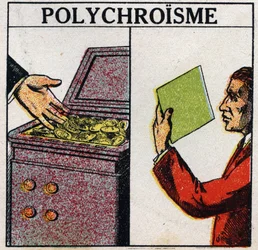 Farben: Polychromie. Goldmünzen sind gelb, aber dünnschichtiges Gold ist grün. Anonyme Illustration von 1925. Private Sammlung.