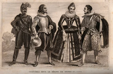 Kostüme unter der Herrschaft von Heinrich IV (1590). Gravur von 1859 in „Le Monde. Geschichte aller Völker von den frühesten Zeiten bis zur Gegenwart“ von M. E. de Lostalot-Bachoue. Private Sammlung.