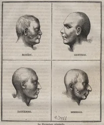 Kriminelle Phrenologie im Brest Bagne (Porträts, die die physiognomischen Merkmale verschiedener Krimineller darstellen). Gravur in „Histoire des bagnes depuis leur création à nos jours“ (1877) von Pierre Zaccone.