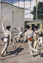 Tödliches Spiel des Baskenballs: Ein Spieler erhält den Ball eines Gegners an den Kopf und stirbt an seiner Verletzung. Gravur in „Le Petite Journal“