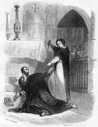 Tod des Inquisitors Pedro (Peter) von Arbues (1441/1442 - 1485) in der Kathedrale von Zaragoza im September 1485. Illustration in 