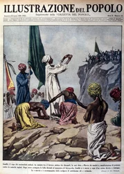 Von dem politischen Führer Mohandas Karamchand Gandhi (1869-1948) angeführte Demonstration als Protest gegen die englischen Behörden, dargestellt ist eine Zeremonie während des sogenannten Märtyrermarsches nach Jalaipur. Illustration aus „L