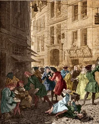 Wirtschaftssystem: die Spekulationsblase zur Zeit des Law-Systems, die Agiotors der Rue Quincampoix - Paris IV. Arrondissement. Quincampoix-Straße zur Zeit des John Law-Systems (1671 - 1729)