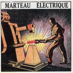 Elektrische Werkzeuge: elektrischer Hammer. Anonyme Illustration von 1925. Private Sammlung.