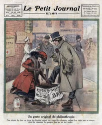 Elegante junge Mädchen, ihr Gesicht hinter einer Maske verborgen, putzen die Schuhe von Londoner Passanten, um Geld für englische Krankenhäuser zu sammeln. Illustration aus „Le petit journal illustré“ vom 06.11.1921. Private Sammlung