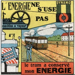 Energie erschöpft sich nicht: Stromerzeugung mit einer Dynamo, die die Dampfmaschine einer Straßenbahn speist
