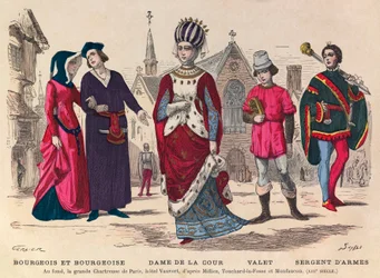 Gravur - Bürger und Bürgerin, Hofdame, Diener, Waffenmeister in Paris im 13. Jahrhundert (im Hintergrund das große Kartäuserkloster von Paris, Hotel Vauvert)