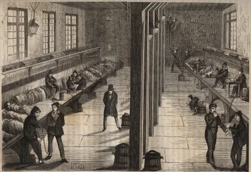 Flucht von drei Sträflingen im Raum Saint Gilles des Bagne de Rochefort am 28. Dezember 1840. Gravur in „Histoire des bagnes depuis leur création à nos jours“ (1877) von Pierre Zaccone (1817-1895).