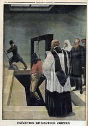 Hinrichtung von Dr. Crippen - Illustration aus „Le Petit Journal“, illustriertes Supplement, 4. Dezember 1910 - Hinrichtung von Dr. Herbert Hawley Crippen im Pentonville-Gefängnis, zum Tode verurteilt wegen des Mordes an der schönen Elmore