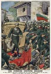 Erster Balkankrieg: Zar Ferdinand I. von Bulgarien (1861-1948) marschiert auf fremden, von seiner Armee eroberten Gebieten in Mustapha-Pasha (heute Ferdinandovo), tritt auf die Waffen und Fahnen der Feinde. Illustration aus „The Little Journal“