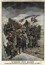 Erster Weltkrieg 1914-1918: „Der Exodus eines Volkes“. Die serbische Armee schützt die Konvois von Bauern, die aus Serbien nach Albanien fliehen. Gravur in „Le Petit Journal“, am 26.12.1915. Private Sammlung.