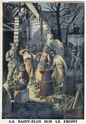 Erster Weltkrieg 1914-1918. Feier des Heiligen Eloi (Saint-Eloi) von Soldaten an der Front. Sie trinken alle ein Glas Rotwein zur Feier. In 
