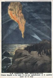 Erster Weltkrieg 1914-1918. Absturz eines brennenden Zeppelins der deutschen Armee nach einem Überfall in England. In 