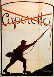 Erster Weltkrieg: Plakat, veröffentlicht anlässlich der Niederlage von Caporetto (oder Schlacht von Karfreit) Ende Oktober 1917, das einen Soldaten der italienischen Armee zeigt, der den Namen „Caporetto“ von der Spitze seines Bajonetts abstreift
