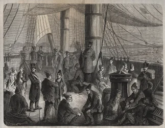 Erster Konvoi von Kräften von Toulon nach Cayenne (Guyana) unter dem Dekret vom 8. Dezember 1851. Gravur in „Histoire des bagnes depuis leur création à nos jours“ (1877) von Pierre Zaccone. Private Sammlung.