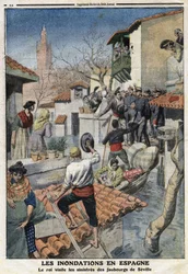 Überschwemmungen in Spanien: König Alfons XIII. (1886-1941) besucht die unheilvollen Vororte von Sevilla. Gravur in „Le Petite Journal“, am 25.02.1912. Private Sammlung.