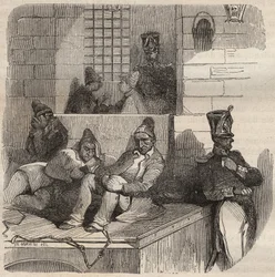 Forcat ruht im Bagne de Rochefort im 19. Jahrhundert. Gravur in „Histoire des bagnes depuis leur création à nos jours“ (1877) von Pierre Zaccone (1817-1895)