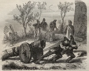 Forcats bucherons im Toulon-Bagne im 19. Jahrhundert. Gravur in „Histoire des bagnes depuis leur création à nos jours“ (1877) von Pierre Zaccone (1817-1895). Private Sammlung.