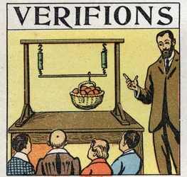 Kräfte: parallele Kräfte. Korb mit Äpfeln wird mit einer Stange gehoben, die von zwei Federn gehalten wird. Anonyme Illustration von 1925. Private Sammlung.