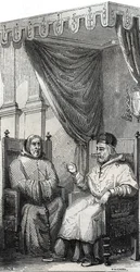 Franz von Paola, Gründer des römisch-katholischen Ordens der Minimiten und Papst Sixtus IV. - Gravur von 1846 in „Lives of the Saints“. Private Sammlung
