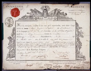 Französische Revolution: offizielles Dokument des militärischen Urlaubs datiert 5 Prairial Jahr IV (24.05.1796) eines Leutnants der Brigade des Bezirks Cambrai. Departementalarchive von Nord Lille