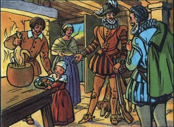 Heinrich IV. und das Huhn im Topf. Anonyme Illustration in „Collection des souverains et chefs d
