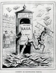 Wie der Naturalismus auferlegt wird: satirische Zeichnung über den naturalistischen Roman über das Buch „Nana“ von Emile Zola. Gravur des 19. Jahrhunderts. Private Sammlung.