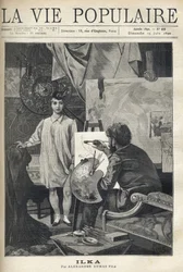 In einer Werkstatt, ein junges Modell in Hemd und Strümpfen mit einem kleinen Federhut, posiert für einen Maler, der an seiner Staffelei sitzt, seine Palette und Pinsel hält und sich auf seine Skizze konzentriert. Illustration von Alfons Maria Mucha (Alpho
