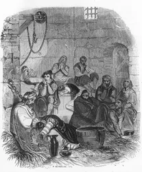 Innenansicht eines Inquisitionsgefängnisses - Illustration in „Geheimnisse der Inquisition und anderer Geheimgesellschaften Spaniens“ von Victor de Fereal, Suberwick, Manuel Galo de Cuendias. Veröffentlicht von P. Boizard