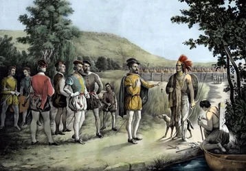 Jacques Cartier, sein erstes Treffen mit den Indianern in Hochelaga, dem heutigen Montreal, 1535 (Lithografie)