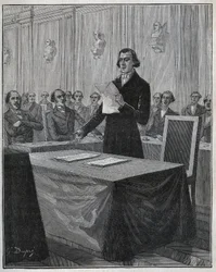 Jean Baptiste Andre Dumas (1800-1884), französischer Chemiker, präsentiert der Akademie der Wissenschaften seinen Bericht über die Erfindung von Ruolz und Elkington. Gravur aus 1885 in „Les arts et metiers illustres“ von Adolphe BITARD.