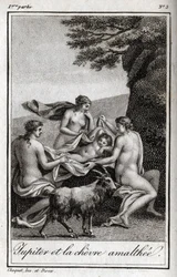 Jupiterkind wird von der Ziege Amalthea gefüttert. Gravur aus 1819 in „Lettres à Emilie sur la mythologie“ von Charles Albert Demoustier (1760-1801). Private Sammlung
