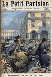 König Karl I. von Portugal (1863-1908) und Kronprinz Luís Filipe wurden am 1. Februar 1908 in Lissabon von Republikanern ermordet. Eine Seite der Zeitung „Le Petit Parisien“ vom 16/02/1908. Privatsammlung.