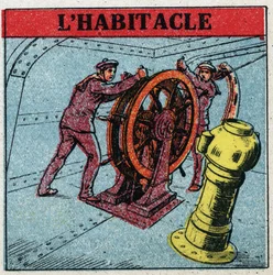 Landmagnetismus: Zwei Matrosen manövrieren das Ruder eines Schiffes und schauen auf das Cockpit, eine Kupferbox, in der sich ein Kompass befindet. Anonyme Illustration von 1925. Private Sammlung.