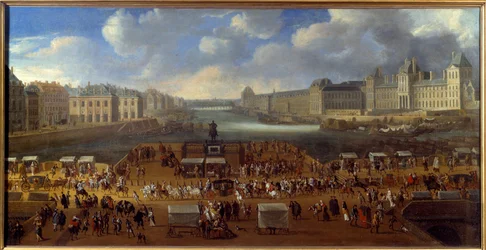 Le Pont Neuf gesehen vom Eingang zur Place Dauphine, Durchzug eines Kortsches auf der Brücke im Jahr 1669. Anonymes Gemälde. Paris, Musée Carnavalet