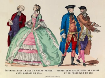 Links: Elegante mit großem Korbkleid, mondäner Abt 1760 / Rechts: Junge Männer in Jagd- und Spazieranzug 1760 (Herrschaft von König Ludwig XV.) - private Sammlung