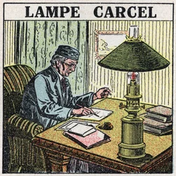 Lichtquellen: Carcel-Lampe, erfunden von Guillaume Carcel (1750-1812) und mit Pflanzenöl betrieben. Anonyme Illustration von 1925. Private Sammlung.