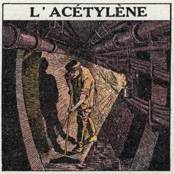 Lichtquellen: Acetylenbeleuchtung in Trommeln. Anonyme Illustration von 1925. Privatsammlung.