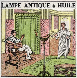 Lichtquellen: Öllampe, verwendet in der Antike. Anonyme Illustration von 1925. Private Sammlung.