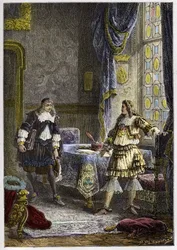 Ludwig XIV entlässt Nicolas Fouquet - Ludwig XIV entlässt den Superintendenten der Finanzen, Nicolas Fouquet - Gravur aus „L