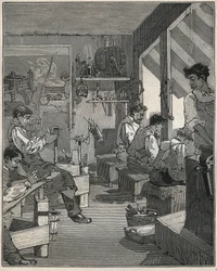Herstellung von Kämmen in einer Werkstatt in Frankreich im 19. Jahrhundert. Gravur von 1885 in 